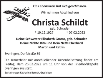 Traueranzeige von Christa Schildt (geb. Schrader)  von Magdeburger Volksstimme