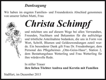 Traueranzeige von Christa Schimpf  von Magdeburger Volksstimme