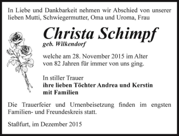 Traueranzeige von Christa Schimpf (geb. Wilkendorf)  von Magdeburger Volksstimme