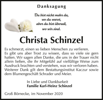 Traueranzeige von Christa Schinzel  von Magdeburger Volksstimme