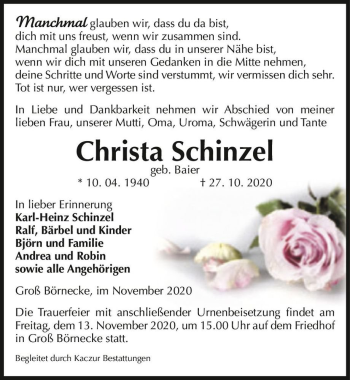 Traueranzeige von Christa Schinzel (geb. Baier)  von Magdeburger Volksstimme