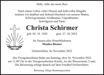 Traueranzeige von Christa Schirmer  von Magdeburger Volksstimme