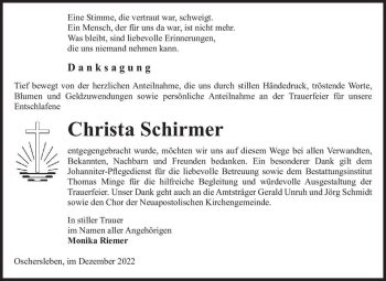 Traueranzeige von Christa Schirmer  von Magdeburger Volksstimme