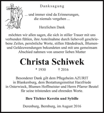 Traueranzeige von Christa Schiwek  von Magdeburger Volksstimme