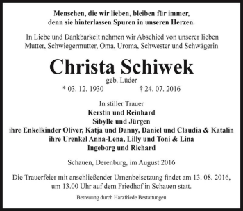 Traueranzeige von Christa Schiwek (geb. Lüder)  von Magdeburger Volksstimme