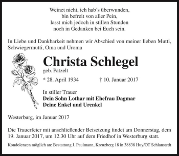 Traueranzeige von Christa Schlegel (geb. Patzelt)  von Magdeburger Volksstimme