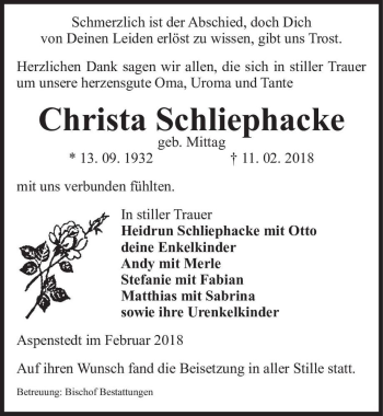 Traueranzeige von Christa Schliephacke (geb. Mittag)  von Magdeburger Volksstimme