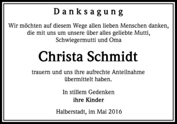 Traueranzeige von Christa Schmidt  von Magdeburger Volksstimme
