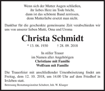 Traueranzeige von Christa Schmidt  von Magdeburger Volksstimme