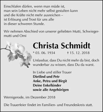Traueranzeige von Christa Schmidt  von Magdeburger Volksstimme