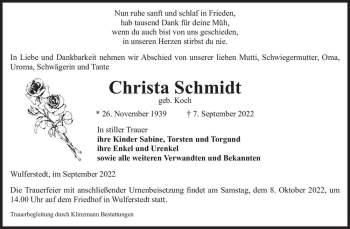 Traueranzeige von Christa Schmidt (geb. Koch)  von Magdeburger Volksstimme