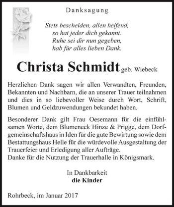 Traueranzeige von Christa Schmidt (geb. Wiebeck)  von Magdeburger Volksstimme