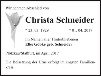 Traueranzeige von Christa Schneider  von Magdeburger Volksstimme