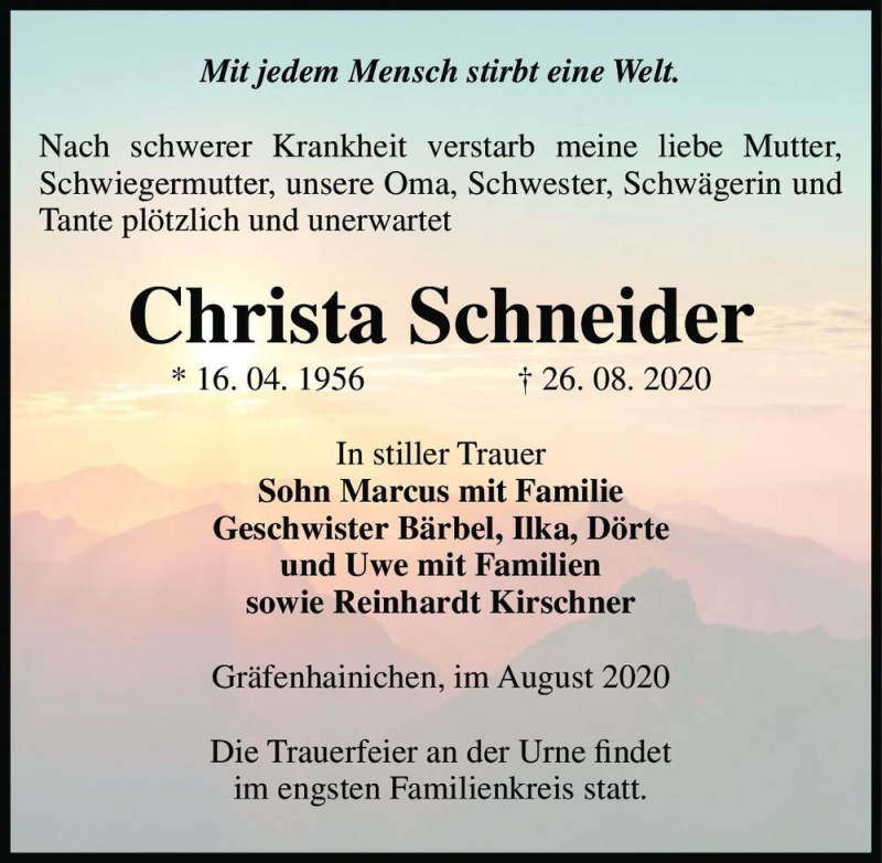  Traueranzeige für Christa Schneider  vom 05.09.2020 aus Magdeburger Volksstimme