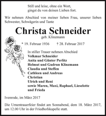 Traueranzeige von Christa Schneider (geb. Klinzmann)  von Magdeburger Volksstimme
