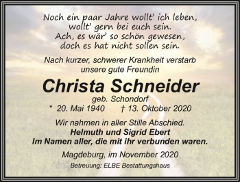 Traueranzeige von Christa Schneider (geb. Schondorf)  von Magdeburger Volksstimme