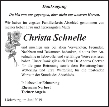 Traueranzeige von Christa Schnelle  von Magdeburger Volksstimme