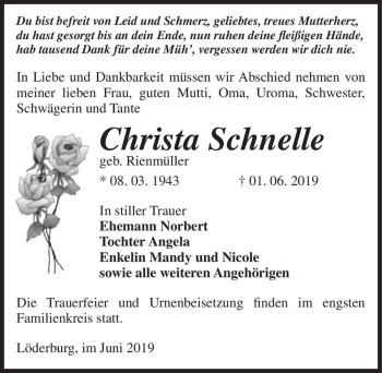 Traueranzeige von Christa Schnelle (geb. Rienmüller)  von Magdeburger Volksstimme