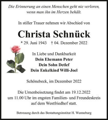 Traueranzeige von Christa Schnück  von Magdeburger Volksstimme