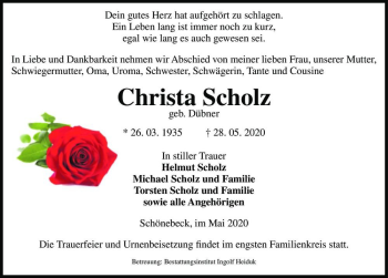 Traueranzeige von Christa Scholz (geb. Dübner)  von Magdeburger Volksstimme