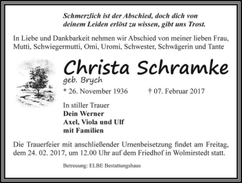 Traueranzeige von Christa Schramke (geb. Brych)  von Magdeburger Volksstimme