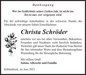 Traueranzeige von Christa Schröder  von Magdeburger Volksstimme