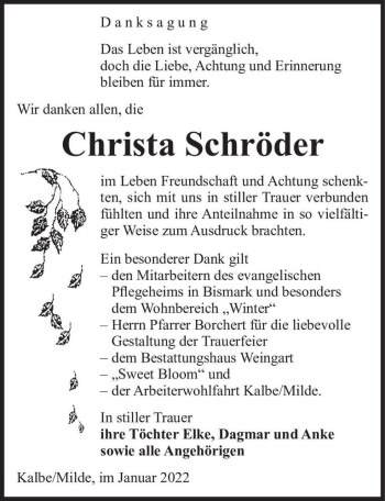 Traueranzeige von Christa Schröder  von Magdeburger Volksstimme