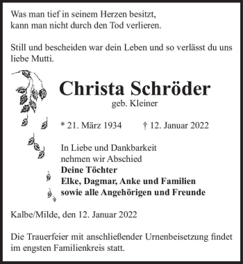 Traueranzeige von Christa Schröder (geb. Kleiner)  von Magdeburger Volksstimme
