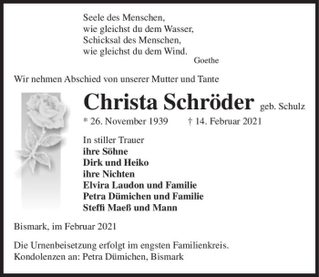 Traueranzeige von Christa Schröder (geb. Schulz)  von Magdeburger Volksstimme