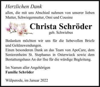 Traueranzeige von Christa Schröder (geb. Schwiebus)  von Magdeburger Volksstimme