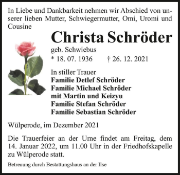 Traueranzeige von Christa Schröder (geb. Schwiebus)  von Magdeburger Volksstimme