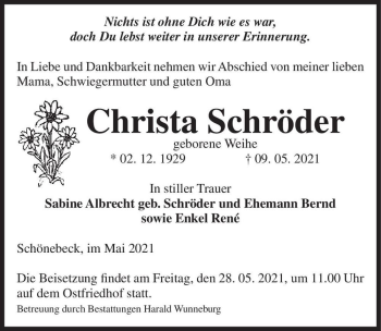 Traueranzeige von Christa Schröder (geb. Weihe)  von Magdeburger Volksstimme