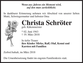 Traueranzeige von Christa Schröter (geb. Käkenmeister)  von Magdeburger Volksstimme