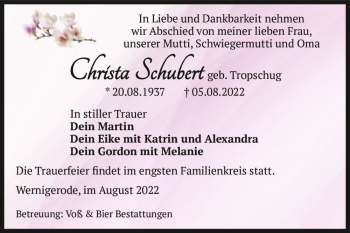 Traueranzeige von Christa Schubert (geb. Tropschug)  von Magdeburger Volksstimme