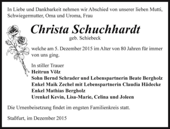 Traueranzeige von Christa Schuchhardt (geb. Schiebeck)  von Magdeburger Volksstimme