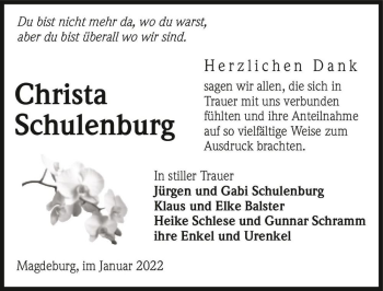 Traueranzeige von Christa Schulenburg  von Magdeburger Volksstimme