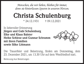 Traueranzeige von Christa Schulenburg  von Magdeburger Volksstimme
