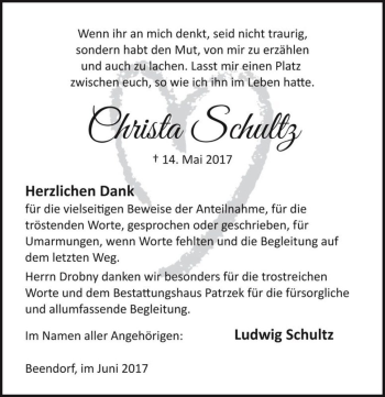 Traueranzeige von Christa Schultz  von Magdeburger Volksstimme