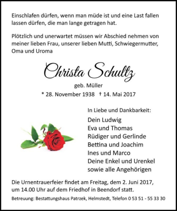 Traueranzeige von Christa Schultz (geb. Müller)  von Magdeburger Volksstimme