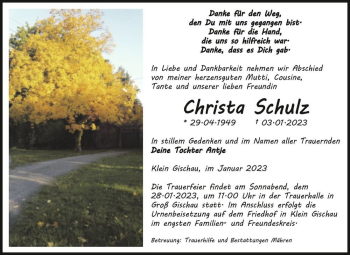 Traueranzeige von Christa Schulz  von Magdeburger Volksstimme