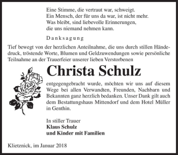 Traueranzeige von Christa Schulz  von Magdeburger Volksstimme