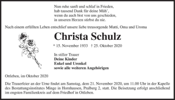 Traueranzeige von Christa Schulz  von Magdeburger Volksstimme