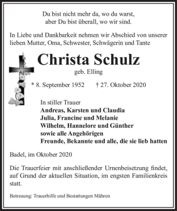 Traueranzeige von Christa Schulz (geb. Elling)  von Magdeburger Volksstimme