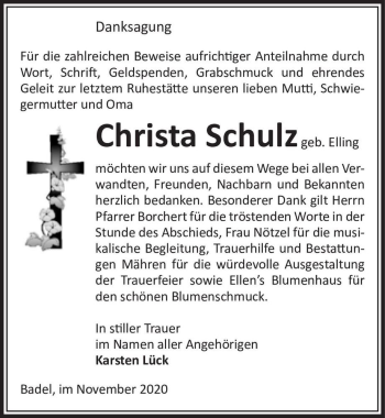 Traueranzeige von Christa Schulz (geb. Elling)  von Magdeburger Volksstimme