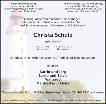Traueranzeige von Christa Schulz (geb. Miantki)  von Magdeburger Volksstimme
