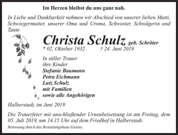 Traueranzeige von Christa Schulz (geb. Schröter)  von Magdeburger Volksstimme