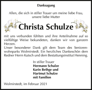 Traueranzeige von Christa Schulze  von Magdeburger Volksstimme