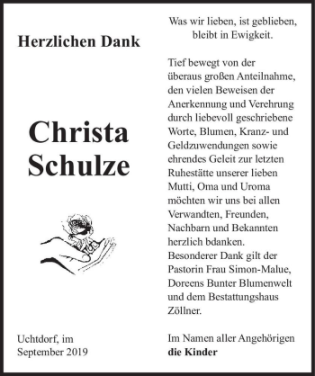 Traueranzeige von Christa Schulze  von Magdeburger Volksstimme