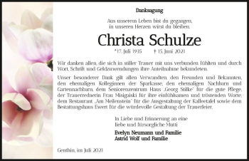 Traueranzeige von Christa Schulze  von Magdeburger Volksstimme