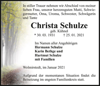 Traueranzeige von Christa Schulze (geb. Kühnel)  von Magdeburger Volksstimme